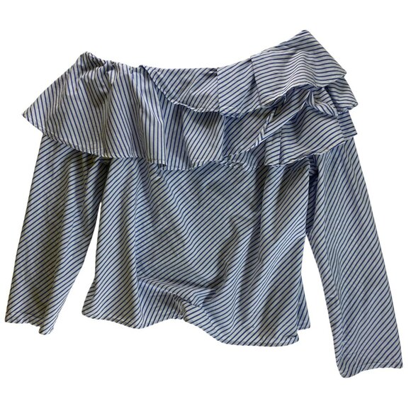 Gap XL Off-The-Shoulder Blue & White Striped Ruffle Blouse 100% Cotton Eighties - Picture 1 of 8